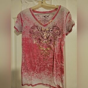 NFR/ProRodeo 2012 Pink Bleach-Effect V-Neck Tee with Gold Foil Designs